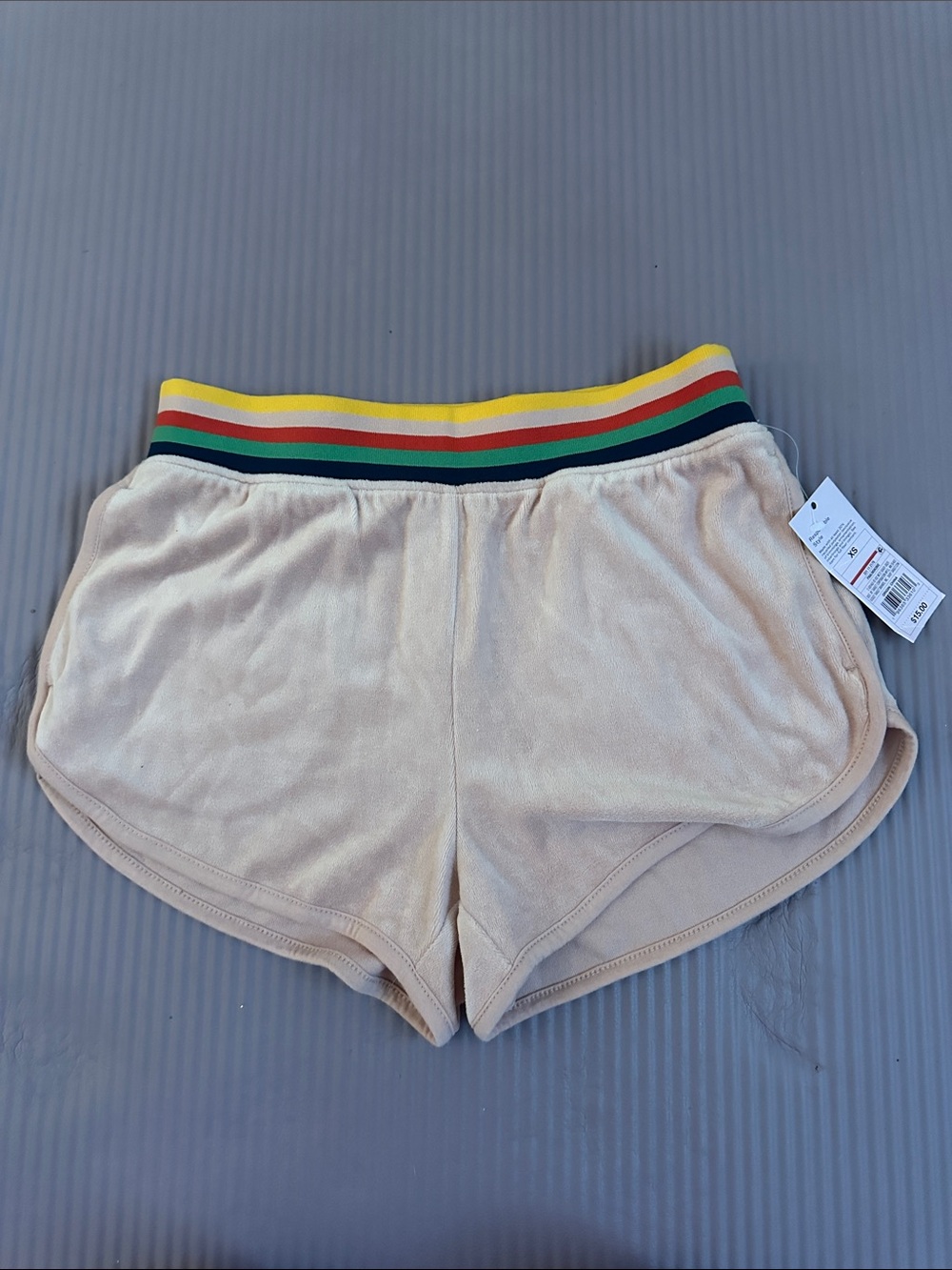 Beige Women’s Terry Shorts with Rainbow Stripe Waistband